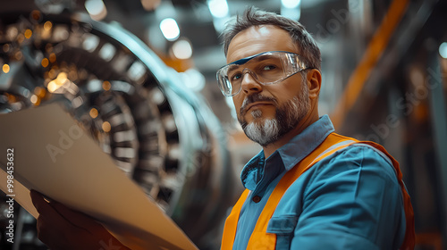 An engineer of middle age performs quality control checks at a production facility photo