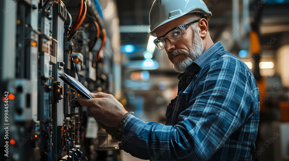An engineer of middle age performs quality control checks at a production facility An engineer of middle age performs quality control checks at a production facility