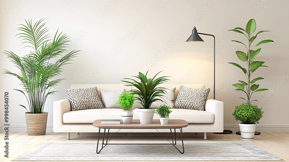 A modern living room interior design with a white sofa, a coffee table with plants, and a floor lamp in the corner. A modern living room interior design with a white sofa, a coffee table with plants, and a floor lamp in the corner.