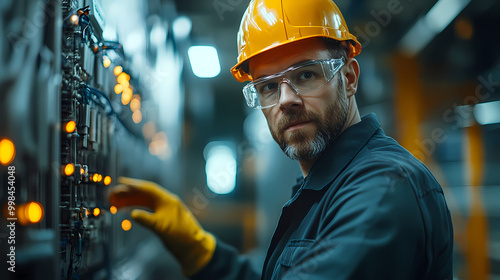 An engineer of middle age performs quality control checks at a production facility