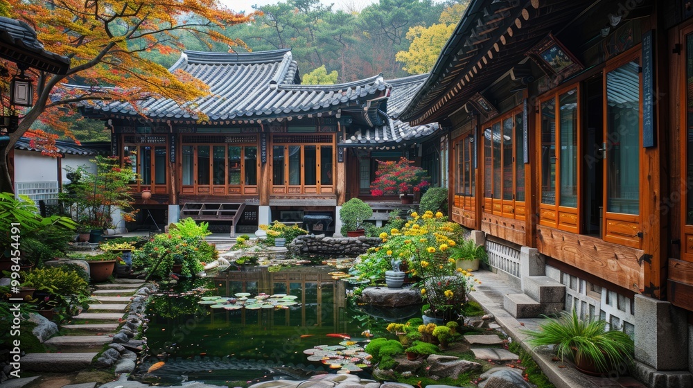 A traditional Korean courtyard with a pond, lush greenery, and wooden buildings. A traditional Korean courtyard with a pond, lush greenery, and wooden buildings.