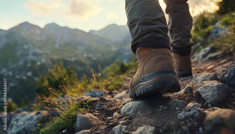 close-up of a hiker's rugged boots as they trek along a rocky mountain path. The scene showcases the adventure and challenge of hiking through nature, surrounded by breathtaking mountain views. close-up of a hiker's rugged boots as they trek along a rocky mountain path. The scene showcases the adventure and challenge of hiking through nature, surrounded by breathtaking mountain views.