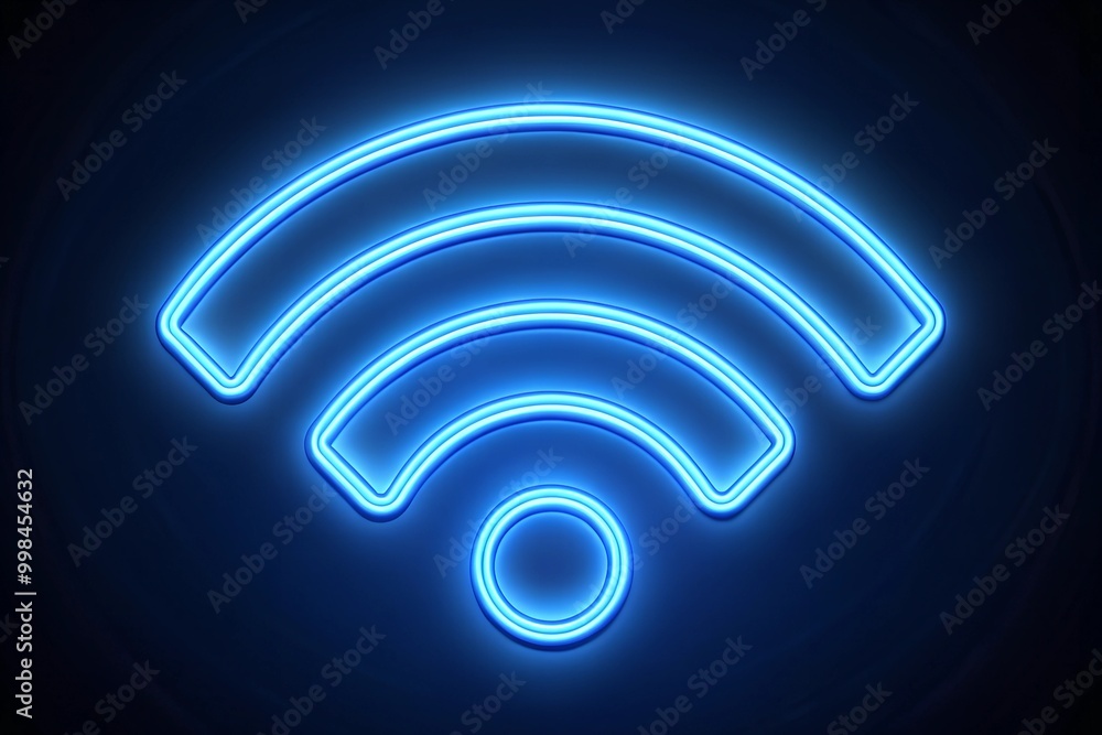Blue Neon Wifi Icon Illuminating Connectivity and Modern Communication on Dark Background Blue Neon Wifi Icon Illuminating Connectivity and Modern Communication on Dark Background