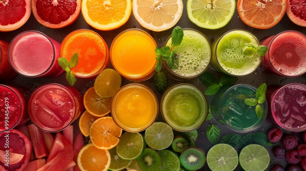 Vibrant Assortment of Citrus Fruit Slices in Bowls on Table Vibrant Assortment of Citrus Fruit Slices in Bowls on Table
