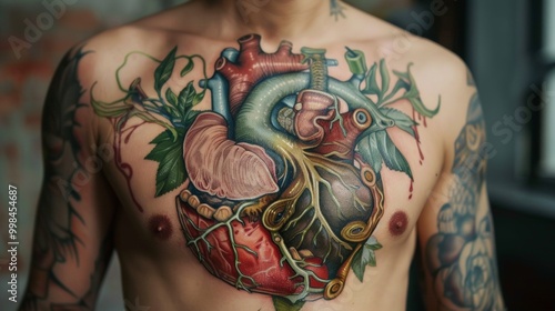 Vibrant Anatomical Heart Tattoo Design with Intricate Patterns and Details