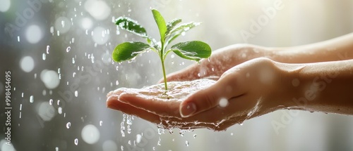 Close-up of hands gently holding a young plant under falling rain. The water droplets glisten on the vibrant green leaves, symbolizing care, growth, and environmental sustainability in nature.