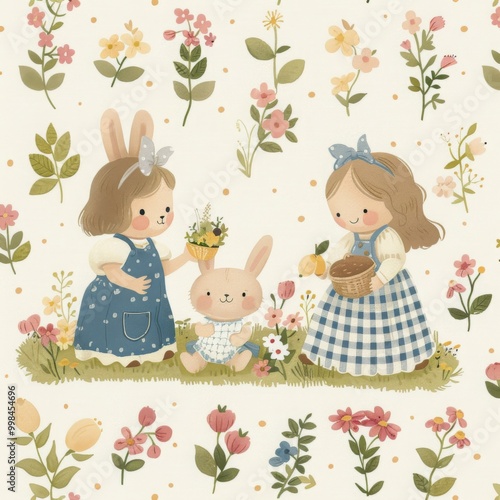 Animals pattern, charming illustration in soft pastel colors showing two little girls playing with bunny in garden filled with flowers. sweet and delicate design, for children’s books, nursery decor