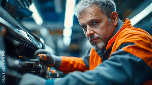 An engineer of middle age performs quality control checks at a production facility photo