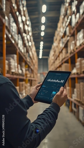 Smart Warehouse,Inventory management system concept.Manager using digital tablet,showing warehouse software management dashboard
