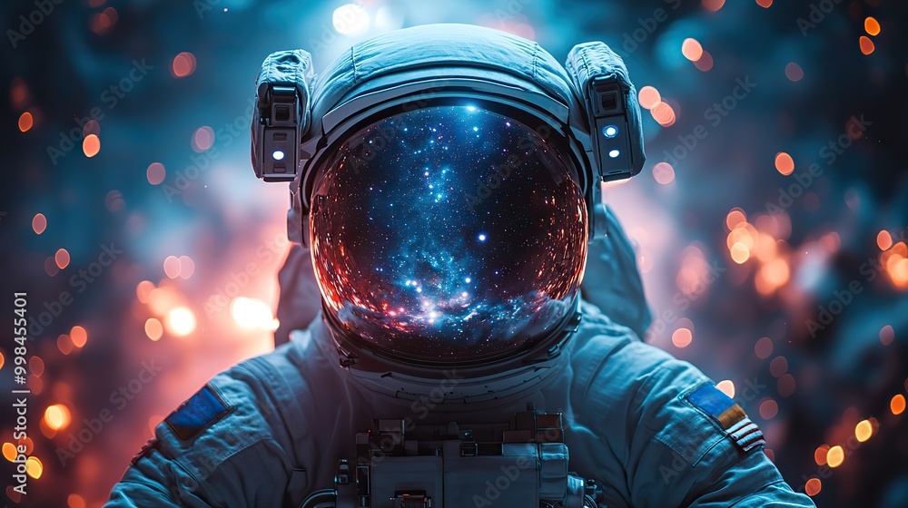 An astronaut gazes into the vast cosmos through a helmet visor, capturing the awe-inspiring relationship between space exploration and technology. An astronaut gazes into the vast cosmos through a helmet visor, capturing the awe-inspiring relationship between space exploration and technology.