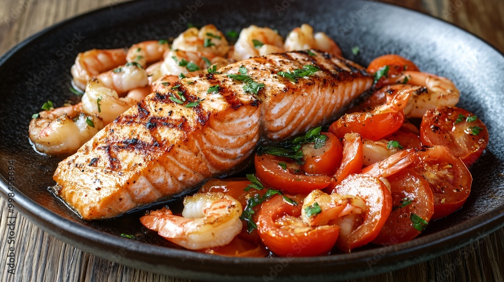 Grilled salmon fillet accompanied by shrimp and roasted tomatoes, served in a black dish, highlighting a delicious seafood meal. Grilled salmon fillet accompanied by shrimp and roasted tomatoes, served in a black dish, highlighting a delicious seafood meal.