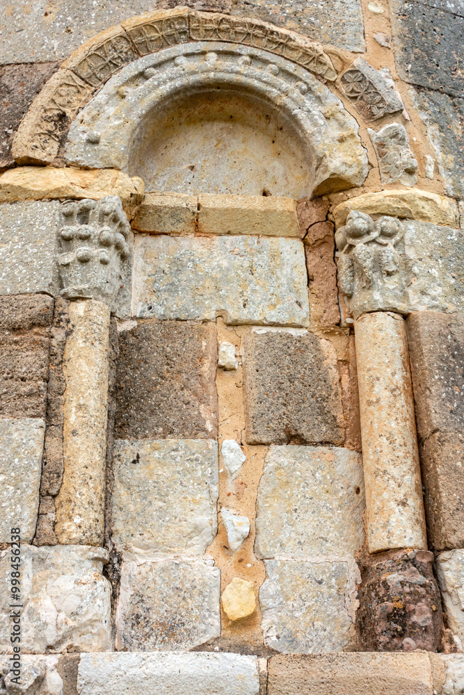 Fototapeta premium Windows of the apse of the 13th century hermitage of San Cristobal in the town of Sotresgudo. Burgos, Castile and Leon, Spain.