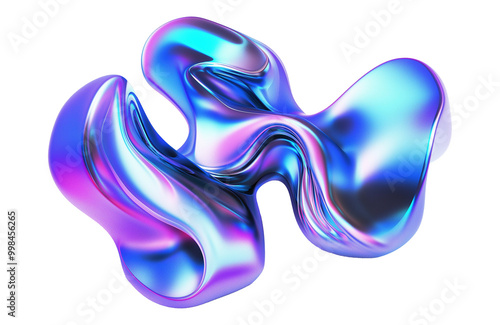 Obraz na płótnie Iridescent abstract fluid shape transparent image. Vibrant flowing form in metallic shades isolated cutout 3d render. Futuristic digital sculpture cut out clipart design element png w salonie