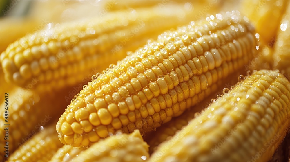 Pile of fresh yellow corn cobs covered in sparkling water droplets, highlighting their texture and vibrant color. Pile of fresh yellow corn cobs covered in sparkling water droplets, highlighting their texture and vibrant color.