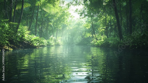 Serene Jungle Stream Surrounded by Lush Greenery