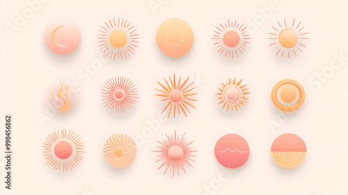 Minimal pastel sun set of icons with rounded rays and soft orange pastel color on a light background photo