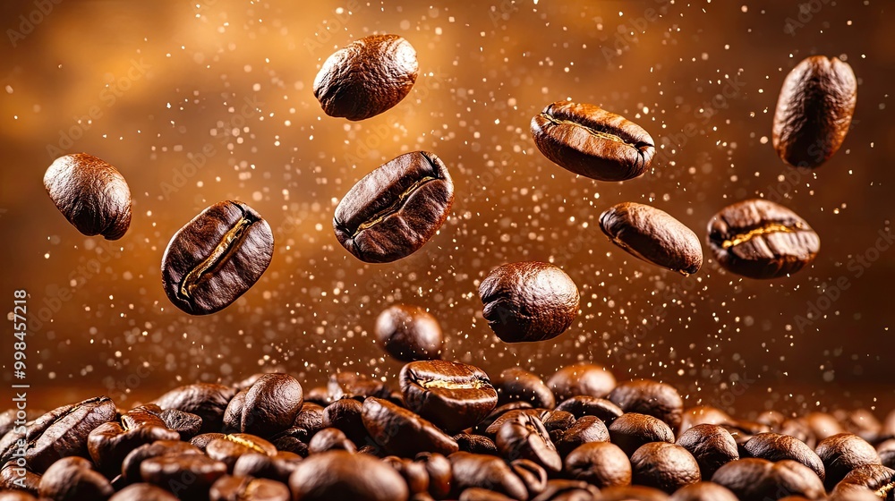 Roasted coffee beans falling gracefully onto a heap, set against a rich brown background, beans in motion. Roasted coffee beans falling gracefully onto a heap, set against a rich brown background, beans in motion.