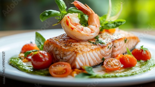 A beautifully plated dish featuring salmon, prawns, cherry tomatoes, and fresh basil drizzled with a vibrant sauce.