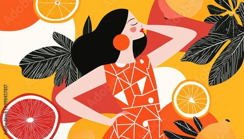 A bold fashion illustration featuring a woman in a summer dress with geometric shapes, bright citrus accents, and tropical foliage. photo