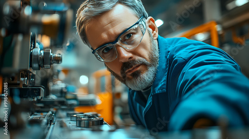 An engineer of middle age performs quality control checks at a production facility