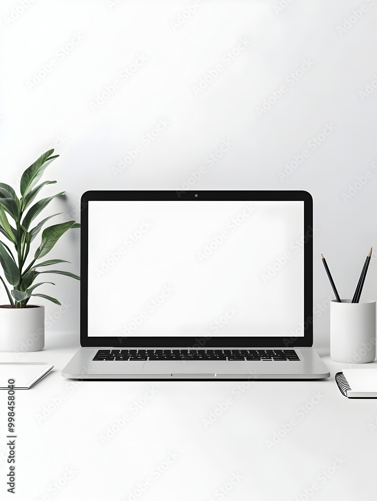 Fototapeta premium Minimalist Corporate Workspace with Laptop Mobile Device and Stationery on Clean White Surface