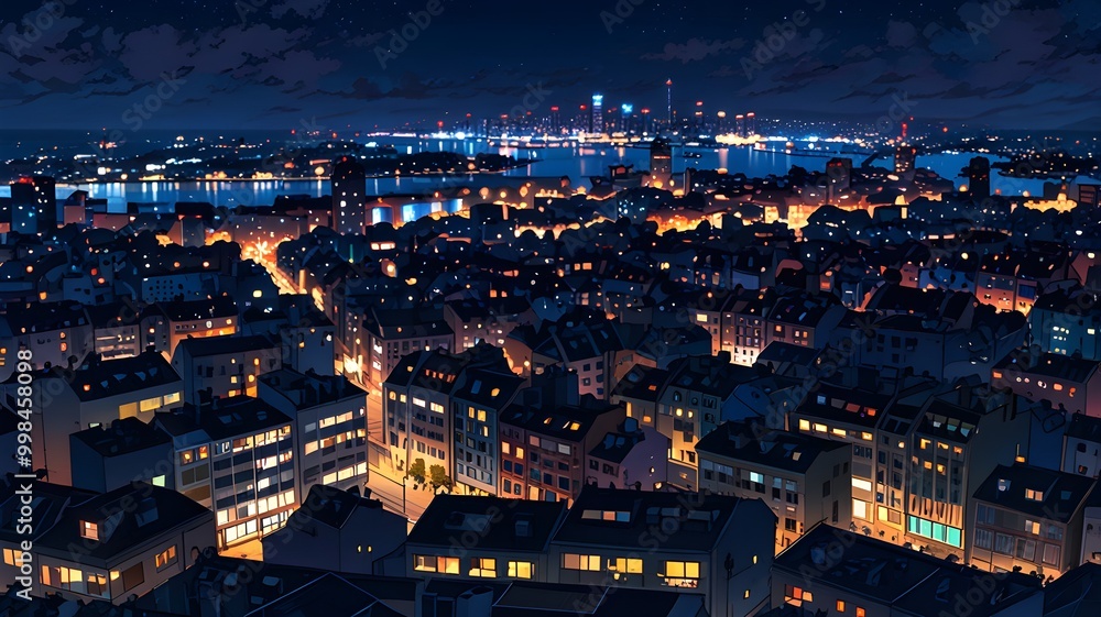 Fototapeta premium A night view of a city with brightly lit windows and streetlights glowing