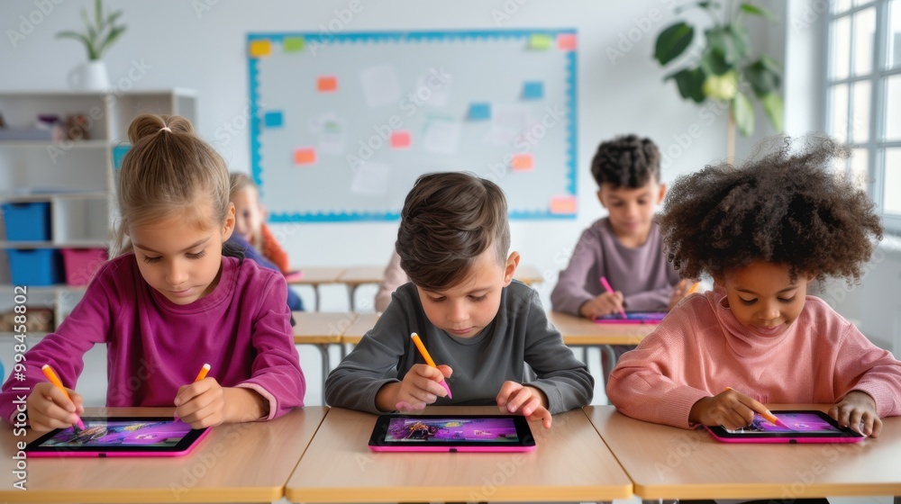Young students using tablets in classroom for learning Young students using tablets in classroom for learning