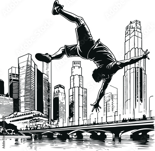 Monochrome Cosmonaut Parkour Sports Logo Concept Vector Illustration Design Silhouette Style