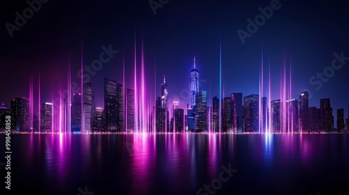 A city skyline where the outlines of buildings are illuminated by long vertical streaks of neon light, giving a sense of energy and futuristic design.