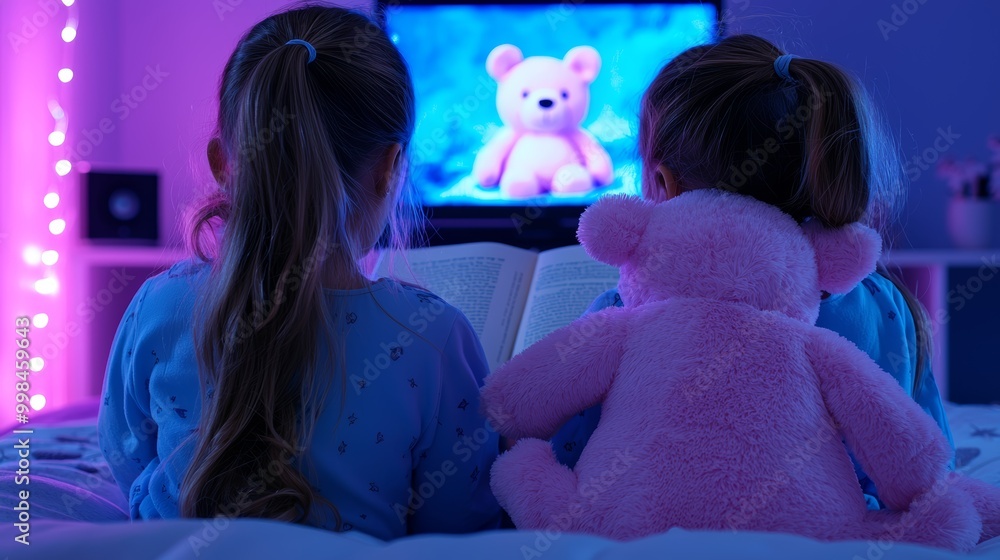 A cozy scene of a father and his daughter in pajamas, the father reading a fairy tale while the daughter cuddles her favorite stuffed animal. A cozy scene of a father and his daughter in pajamas, the father reading a fairy tale while the daughter cuddles her favorite stuffed animal.