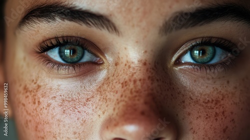 Close-up of a face with freckles and natural textures under soft lighting