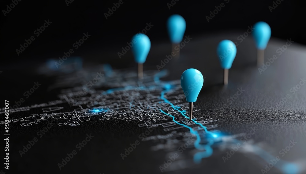 A digital map concept with multiple blue pins marking different areas, representing the growing use of geolocation in apps and devices. A digital map concept with multiple blue pins marking different areas, representing the growing use of geolocation in apps and devices.