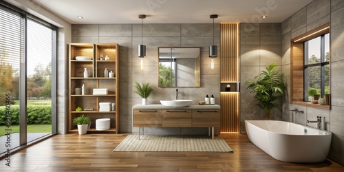 Wallpaper Mural Bathroom mockup with modern design and fixtures, bathroom, mockup, interior, design, modern, sink, faucet, shower, tile, floor Torontodigital.ca