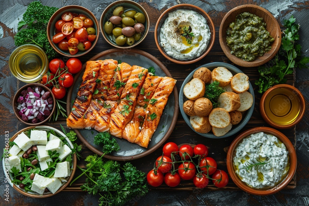 Selection of traditional greek food - salad, fish, top view Selection of traditional greek food - salad, fish, top view