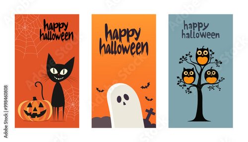 Halloween Posters or Flyers set. Flat style. Vector set for postcard, flyer, banners.