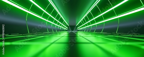 A futuristic neon green grid tunnel with receding geometric lines, giving the sense of endless digital space and movement. photo