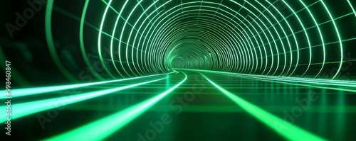 A futuristic neon green grid tunnel with receding geometric lines, giving the sense of endless digital space and movement. photo