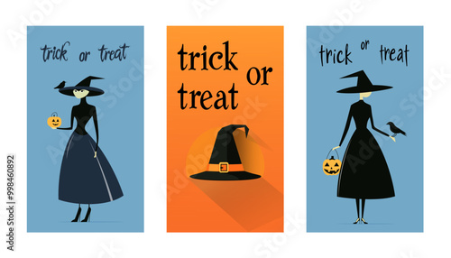 Halloween Posters or Flyers set. Flat style. Vector set for postcard, flyer, banners.