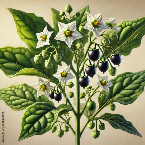 Black Nightshade Plant with White Flowers and Green Leaves photo