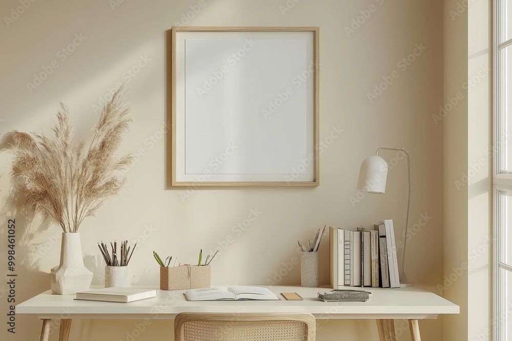 A frame with a blank space against a modern workspace A frame with a blank space against a modern workspace