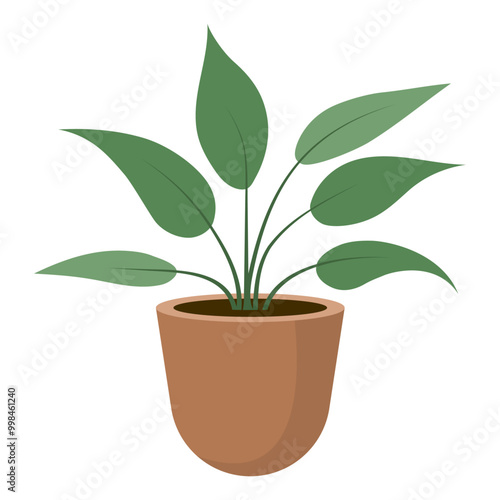 Houseplant with large pointed burdock leaves in brown ceramic pot. Flat style. Vector illustration.