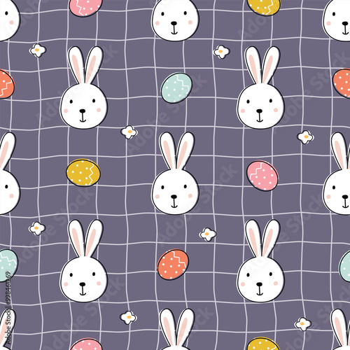A playful pattern featuring cute bunnies and colorful Easter eggs on a grid background, perfect for festive designs.