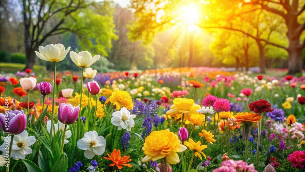 Obraz premium Beautiful blooming flowers in a spring garden, blossoms, blooming, springtime, season, growth, fresh, nature, colorful, sunny