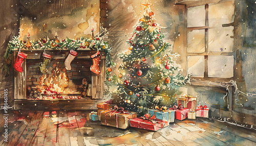 Vintage watercolor Christmas tree in a cozy Christmas room, AI Generated