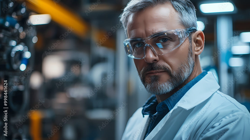 An engineer of middle age performs quality control checks at a production facility An engineer of middle age performs quality control checks at a production facility