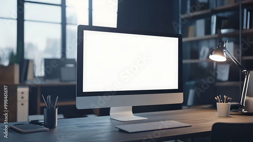 Modern office workspace with a computer, lamp, and supplies on a wooden desk. Sunlight from the window creates a cozy and productive atmosphere.