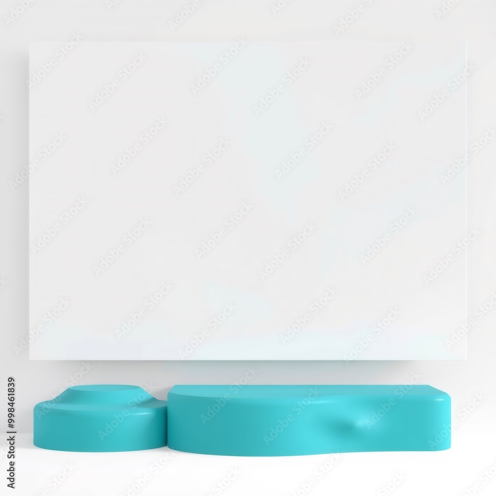A turquoise podium sits in front of a white wall, ready for your product. A turquoise podium sits in front of a white wall, ready for your product.
