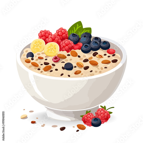 Vector cartoon illustration of a oatmeal breakfast bowl of porridge with banana pieces, berries and nuts and chia seeds isolated on white background. 