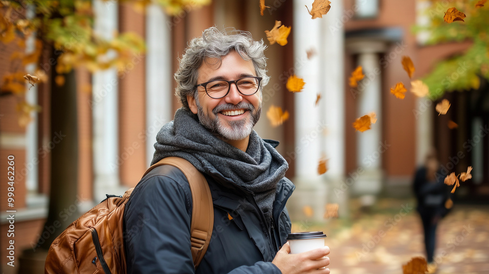 Happy college professor enjoying autumn in a campus courtyard while holding a coffee cup and surrounded by falling leaves Happy college professor enjoying autumn in a campus courtyard while holding a coffee cup and surrounded by falling leaves