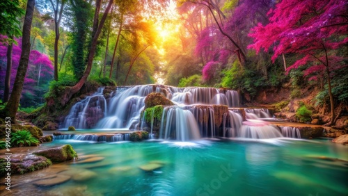 Cascading waterfall in a mystical forest with vibrant colors and soft lighting, Erawan Waterfall, Kanchanaburi, jungle